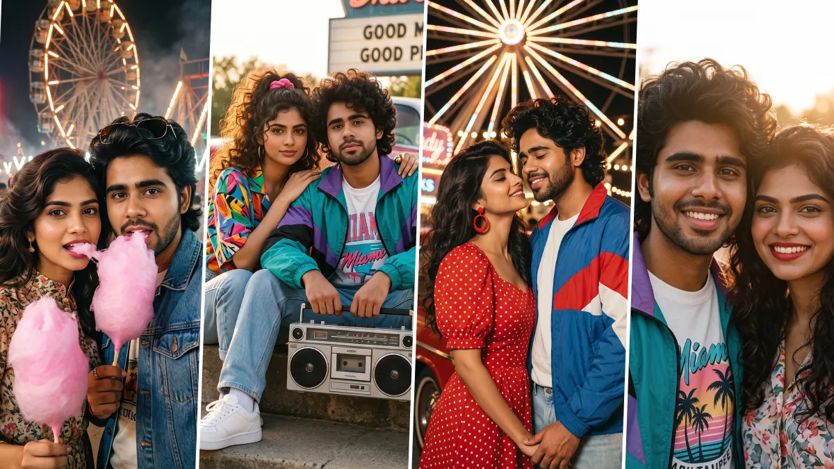 Young couple in colorful retro 80s and 90s fashion enjoying a romantic amusement park date