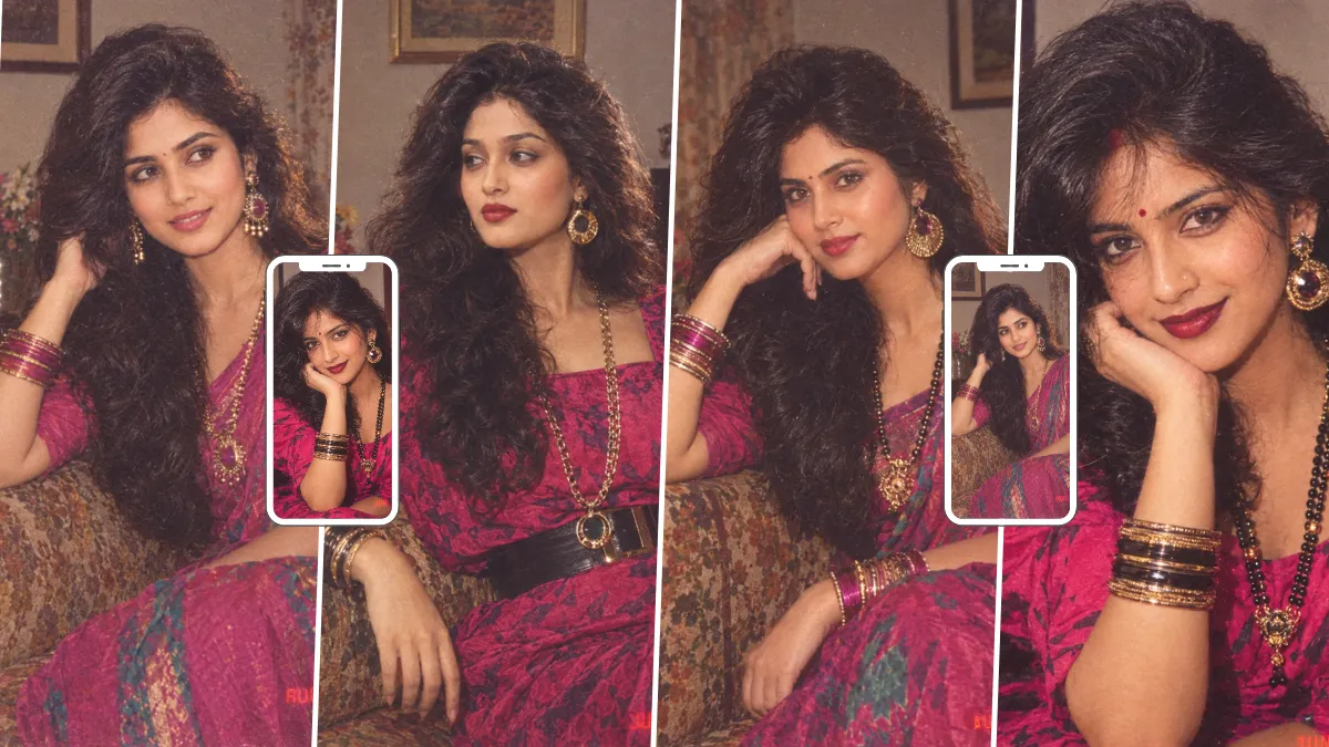 Retro Indian woman in a pink saree with traditional jewelry and vintage portrait styling
