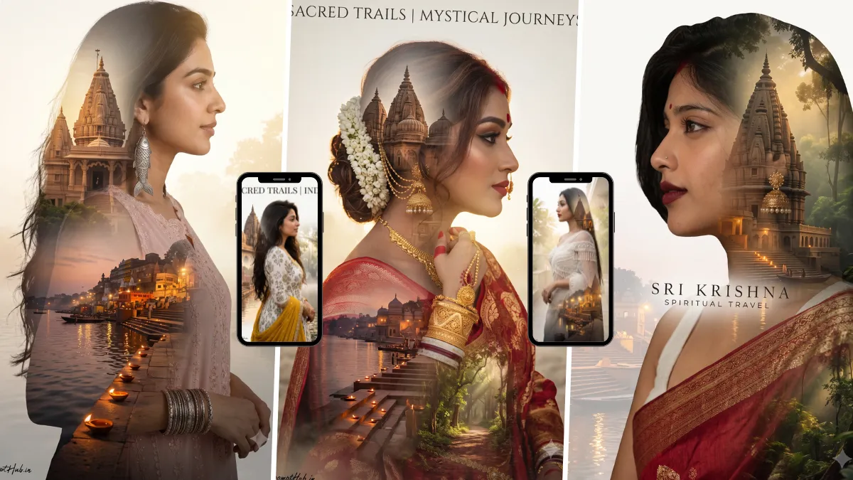 Indian woman in a cinematic spiritual travel portrait with Varanasi temple and Ganga ghat imagery
