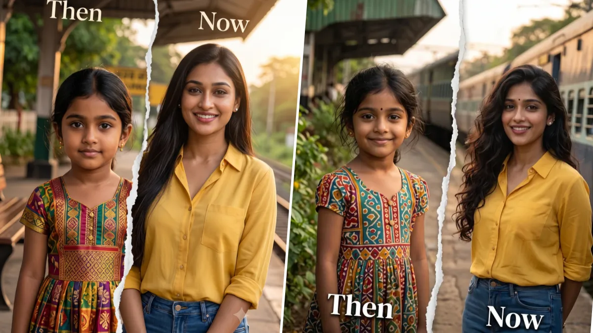 Then and now portrait showing an Indian girl as a child and the same woman as an adult