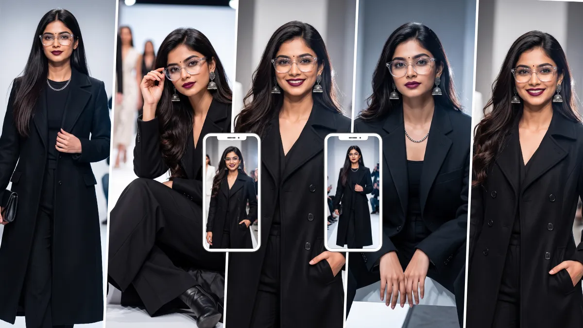 Stylish woman wearing a black suit and glasses walking on a luxury fashion runway