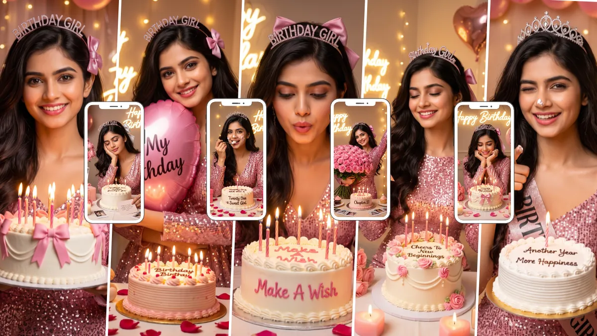 Young woman celebrating her birthday with a pink cake, candles, balloons and glamorous party lighting