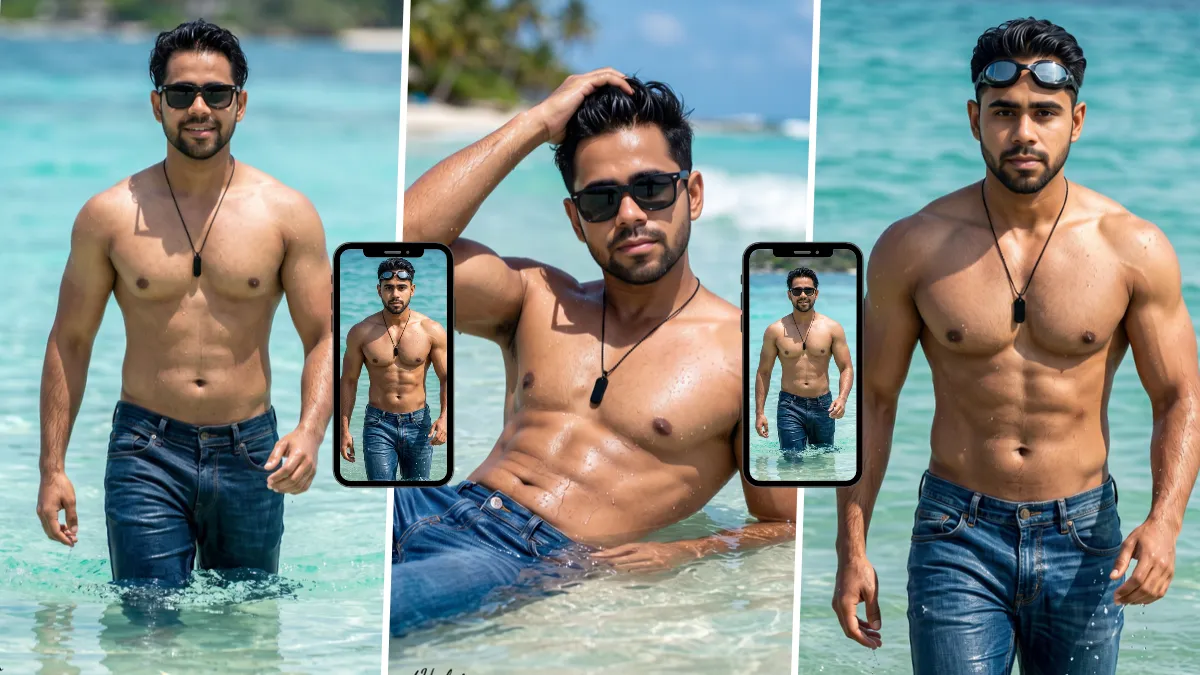 Stylish young man posing shirtless in crystal-clear ocean water wearing wet blue jeans and sunglasses
