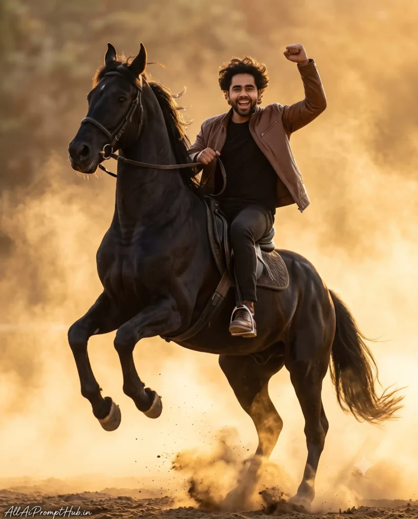 Cinematic horse riding portrait of a stylish young man, AI-generated image
