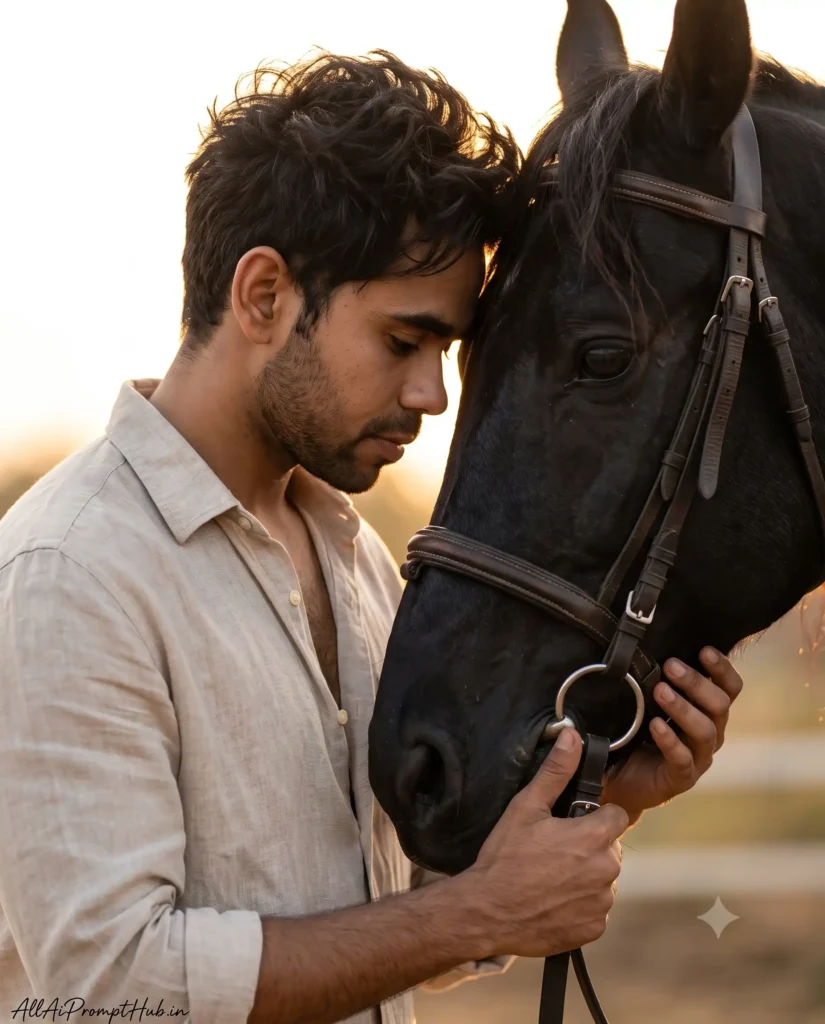 Horse-loving young man posing with a horse, AI-generated portrait