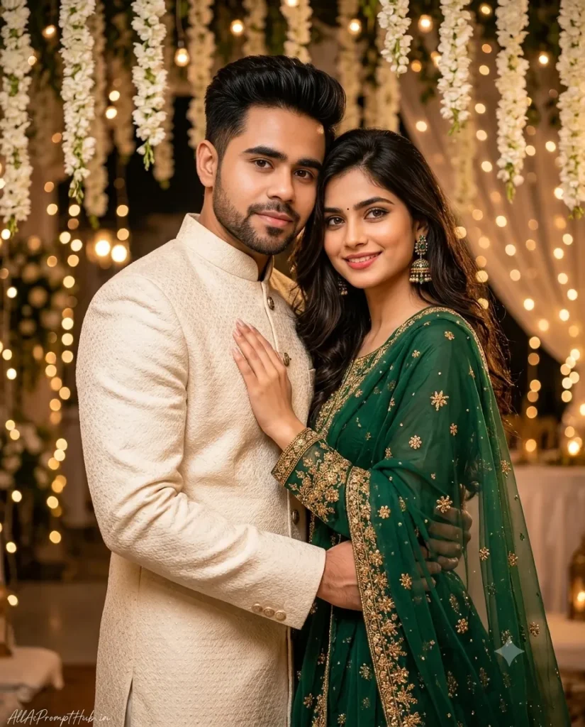 Indian couple in a sherwani and saree in a cinematic AI-generated photo