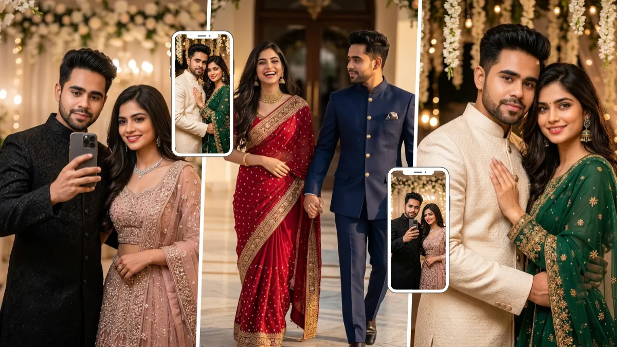 Indian couple posing in traditional outfits with a cream sherwani and green embroidered saree
