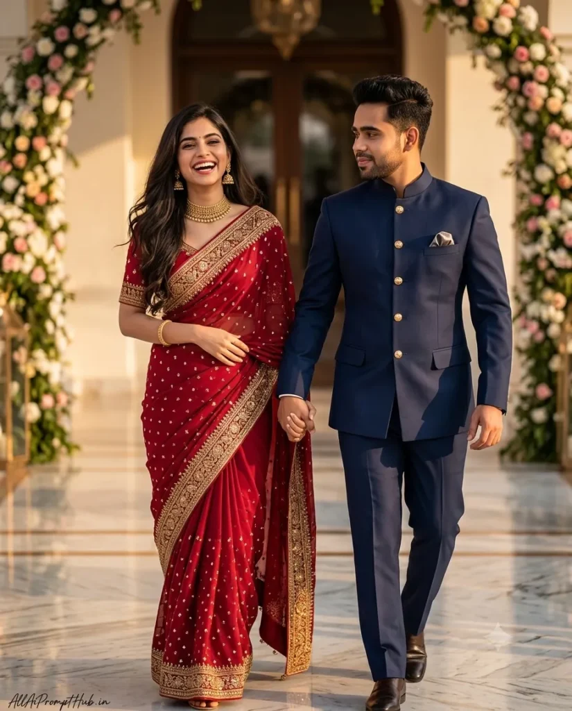 Indian wedding couple in traditional bride and groom outfits in an AI-generated portrait