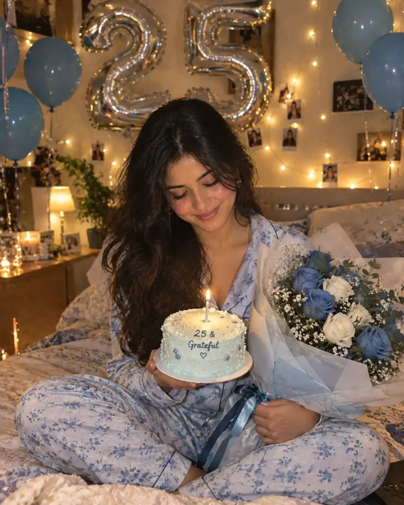 Young woman celebrating her 25th birthday in an AI-edited portrait