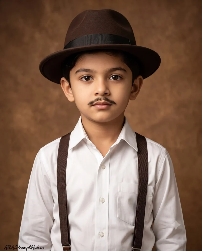 Indian child dressed as freedom fighter Bhagat Singh, AI-generated portrait