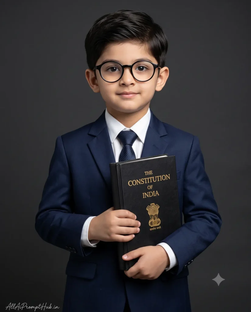 Indian child dressed as Dr. B.R. Ambedkar in a patriotic AI-generated portrait