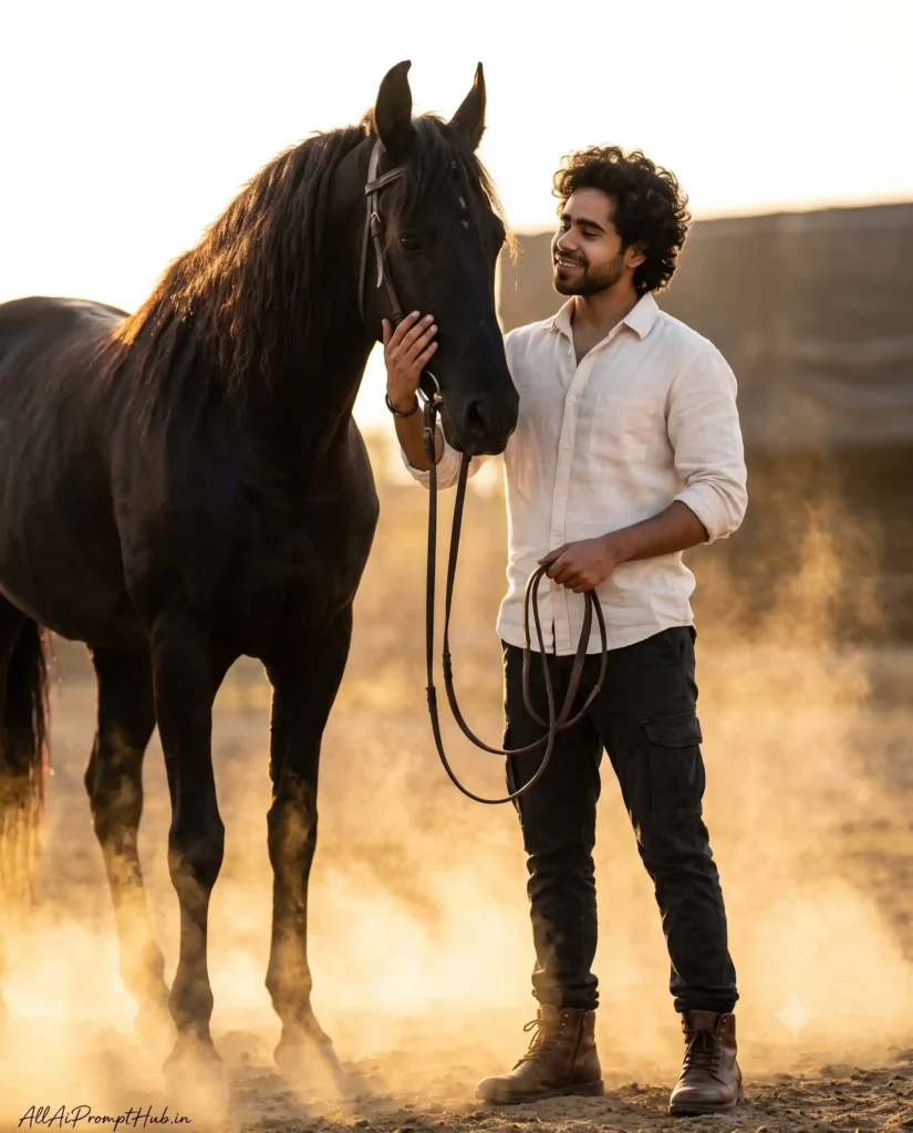 Young man riding a black horse in a cinematic AI-generated photo