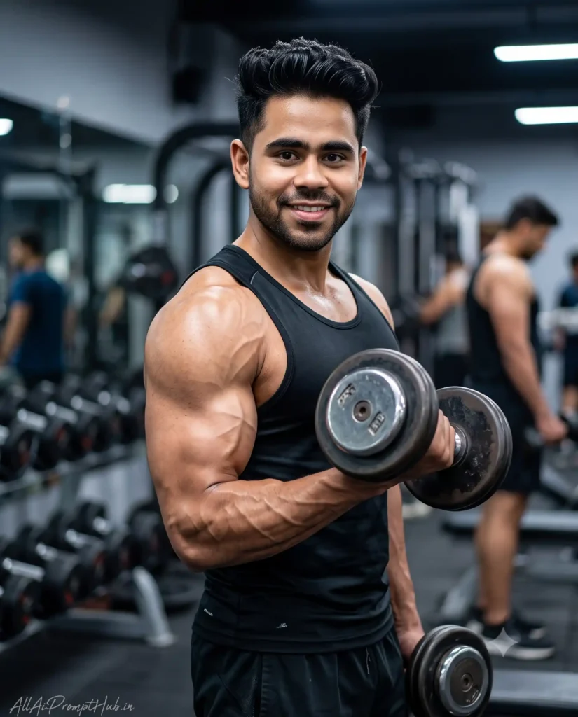 Bodybuilder flexing in a gym, AI-edited men's fitness photo