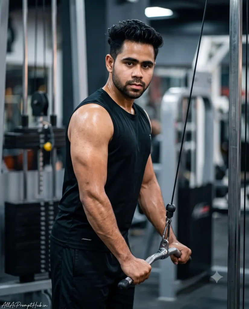 Man in a workout pose in a gym, AI-generated image from a ChatGPT prompt