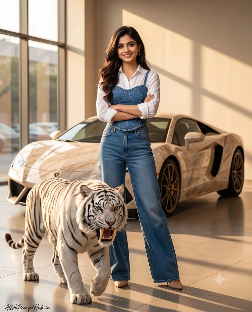 Cinematic portrait of a girl with a white tiger, AI-edited image