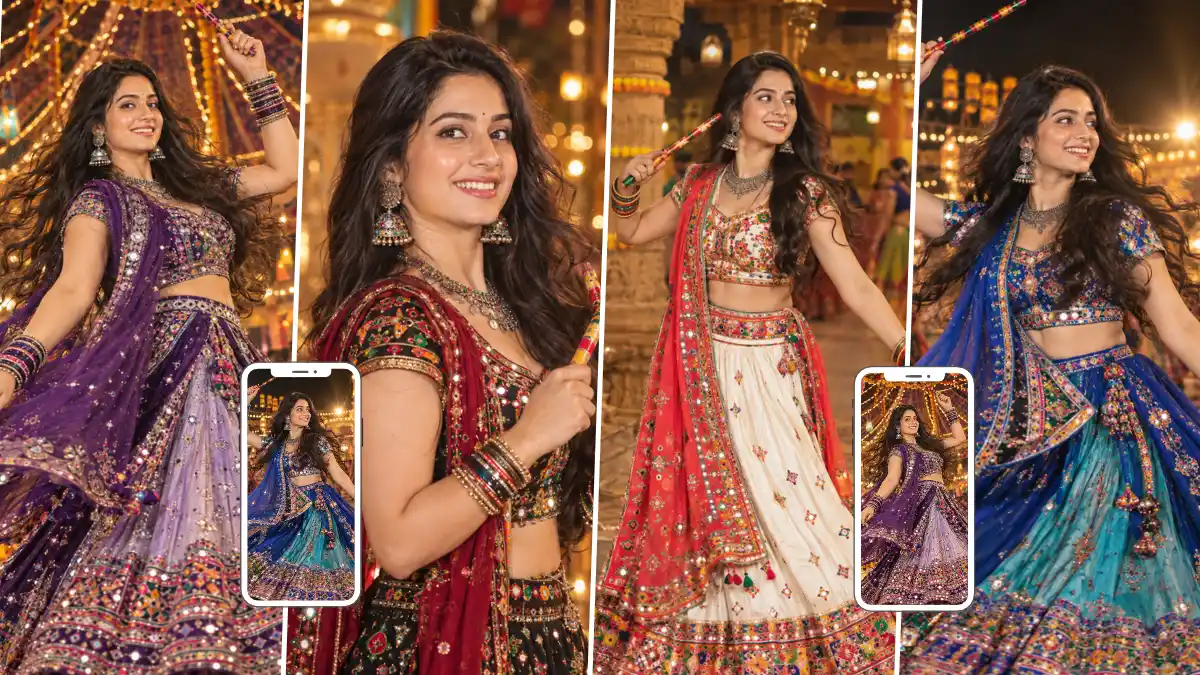 Woman in a colorful embroidered Chaniya Choli holding Dandiya sticks at a Navratri Garba celebration