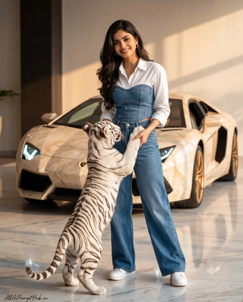 Girl with a white tiger in an AI-generated high-fashion image