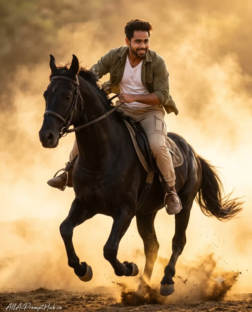 Golden-hour horse rider in an AI-generated cinematic scene