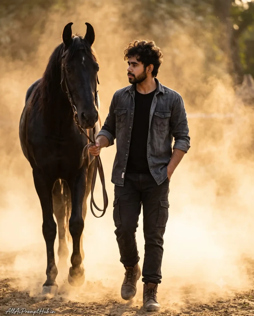 Stylish boy riding a horse outdoors, AI-generated portrait