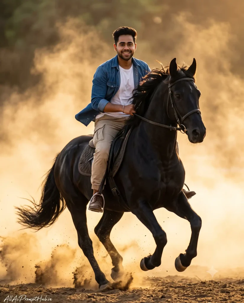 Boy horse riding in an AI-edited cinematic portrait