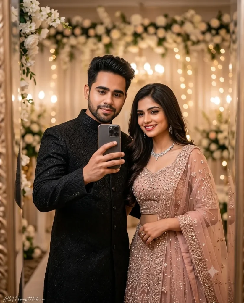 Indian couple in a sherwani and saree posing together in an AI-generated portrait