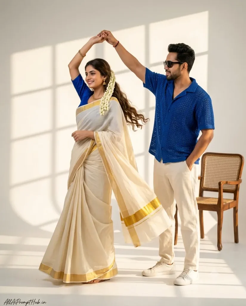 Kerala couple in a white-and-gold saree and royal blue shirt, AI-generated portrait