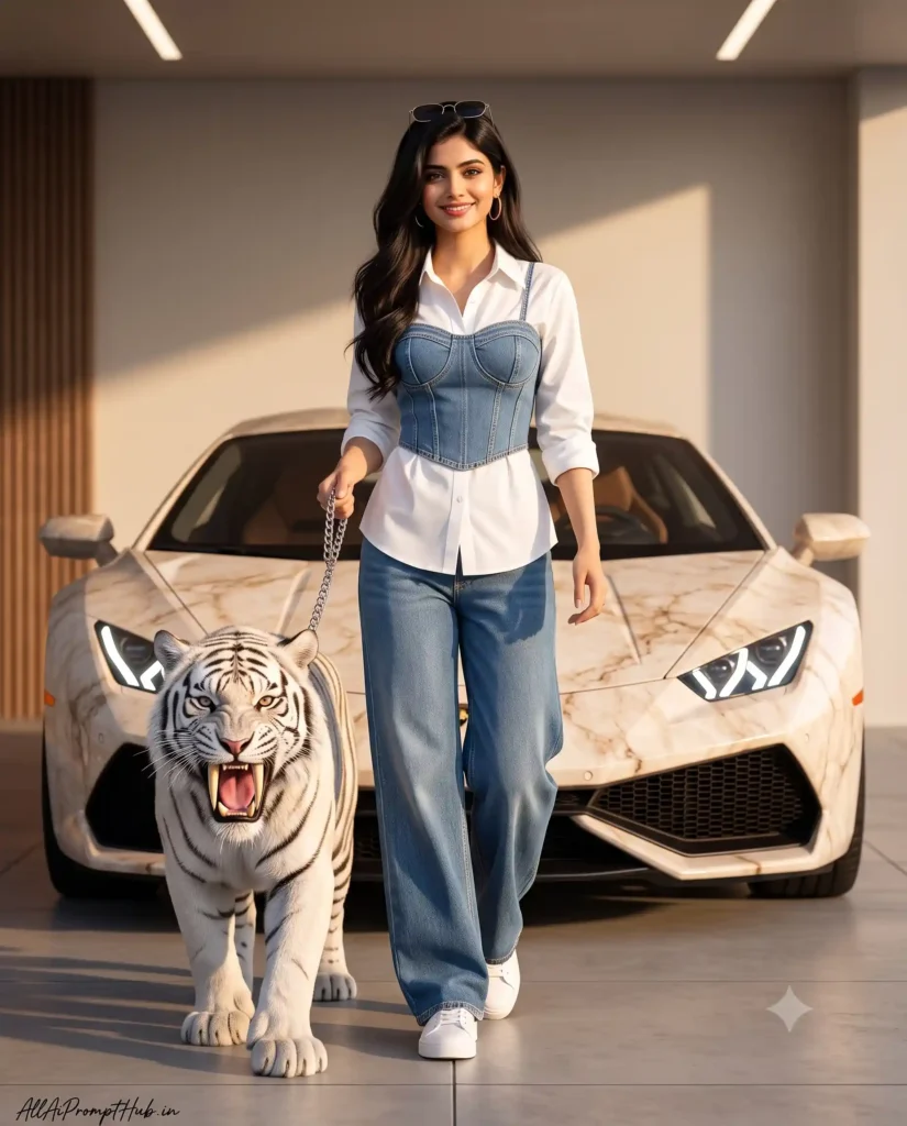Luxury car and white tiger in an AI-edited fashion portrait