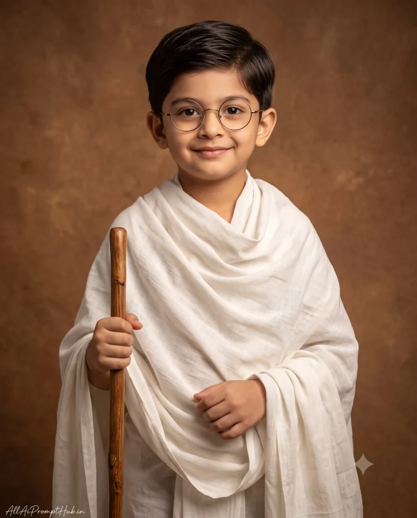 Indian child dressed as Mahatma Gandhi in a patriotic AI-generated portrait