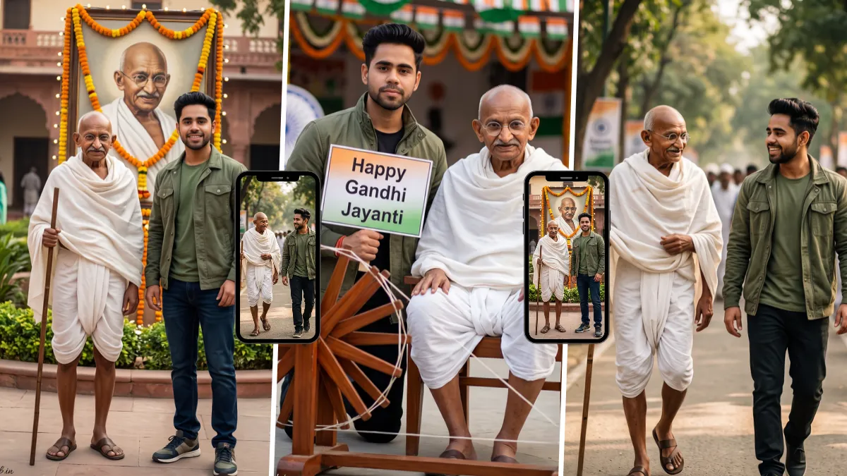 Young Indian man standing with Mahatma Gandhi during a Gandhi Jayanti tribute celebration