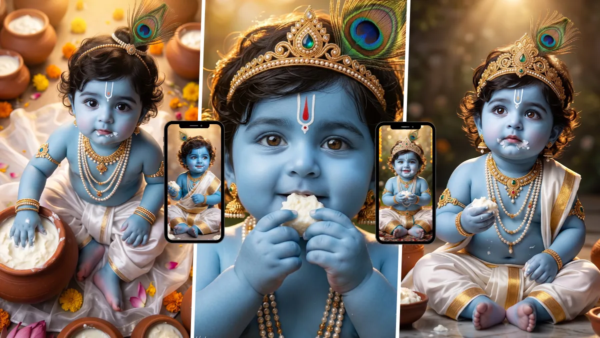 Cute baby Lord Krishna wearing a jeweled peacock feather crown and eating white butter beside decorated clay pots