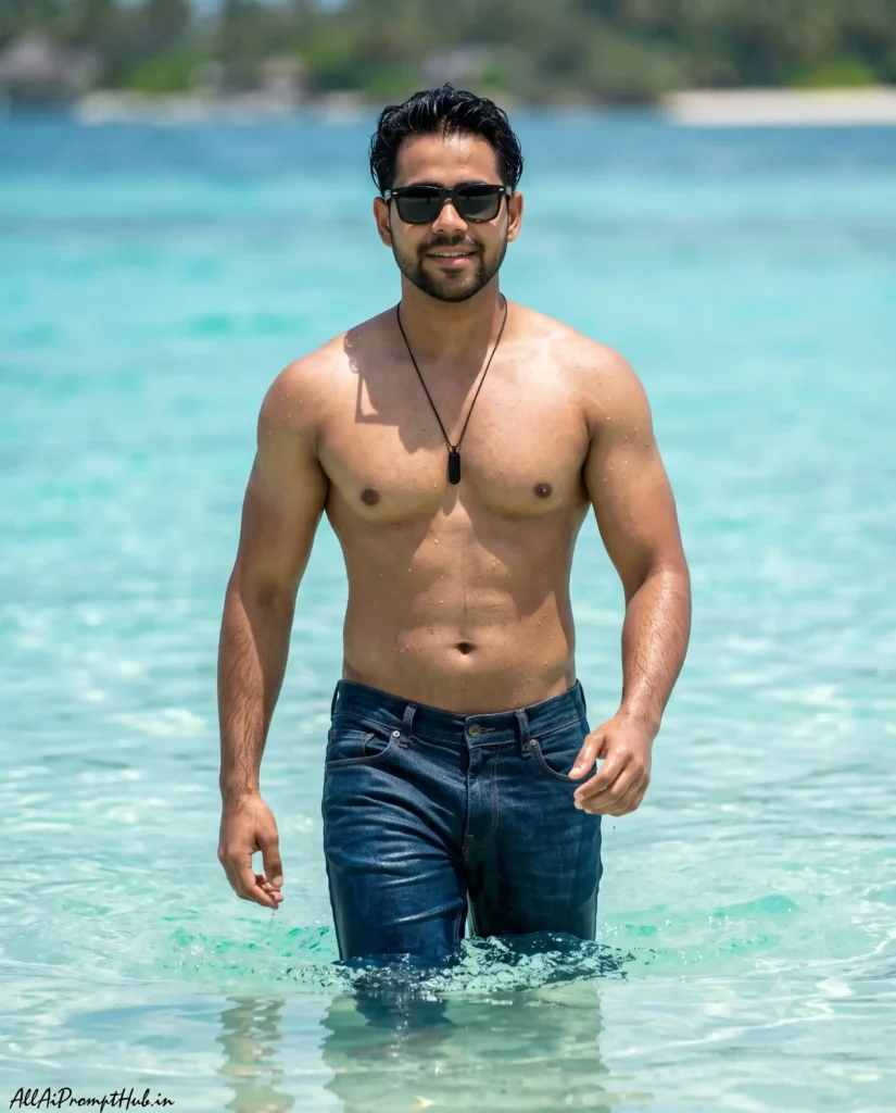 Viral Men’s Beach AI Prompts – Shirtless Ocean Portraits, Wet Denim & Cinematic Photography