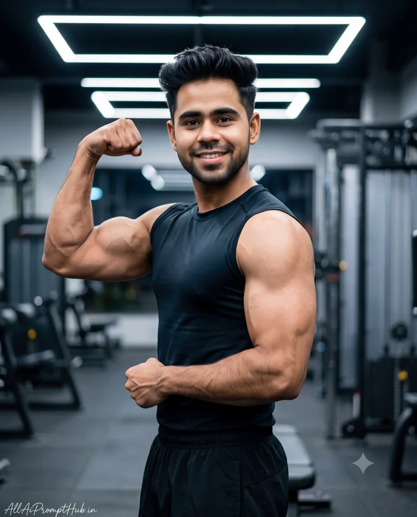 Muscular man working out in a gym, AI-edited fitness portrait