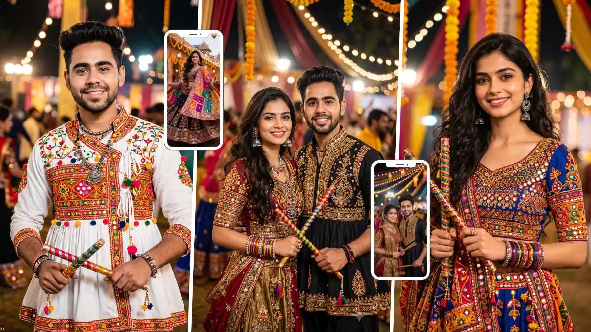 Young man, woman and couple wearing colorful traditional Gujarati outfits at a Navratri Garba celebration
