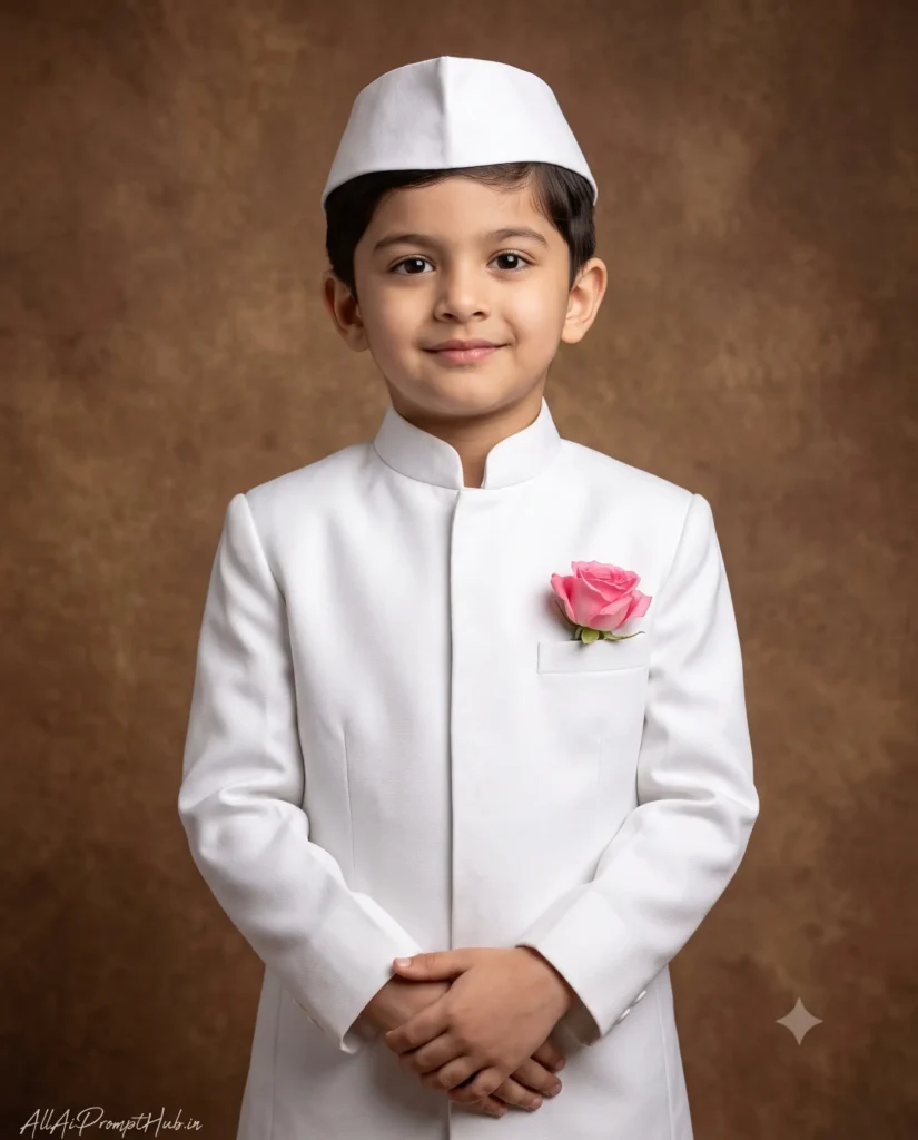Indian boy dressed as Jawaharlal Nehru in a patriotic AI-generated portrait