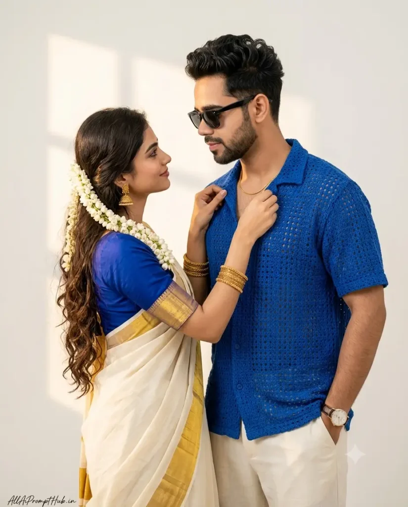 Romantic South Indian couple in an AI-generated studio portrait with warm sunlight shadows