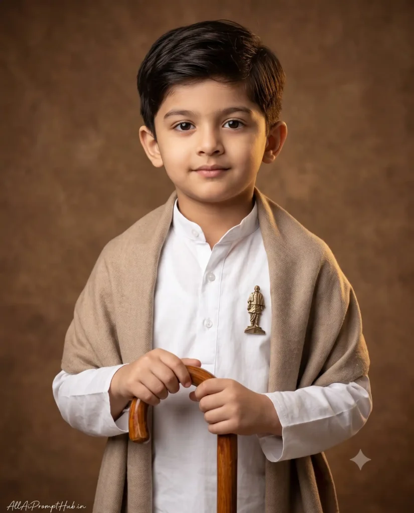 Indian child dressed as Sardar Vallabhbhai Patel in a patriotic AI-generated portrait
