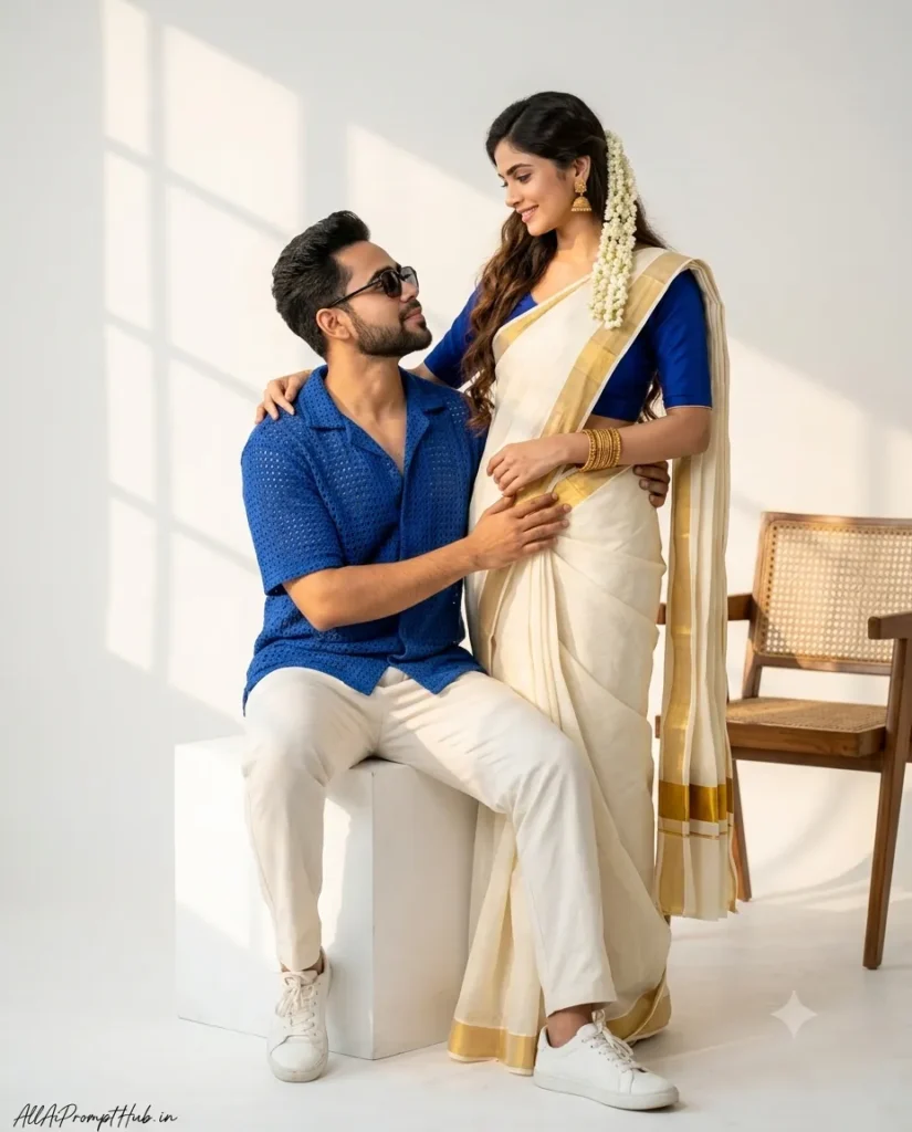 South Indian couple photoshoot in a minimalist studio with soft window light, AI-generated image