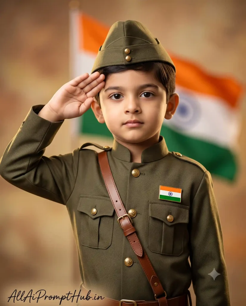 Indian child dressed as Subhas Chandra Bose in a patriotic AI-generated portrait