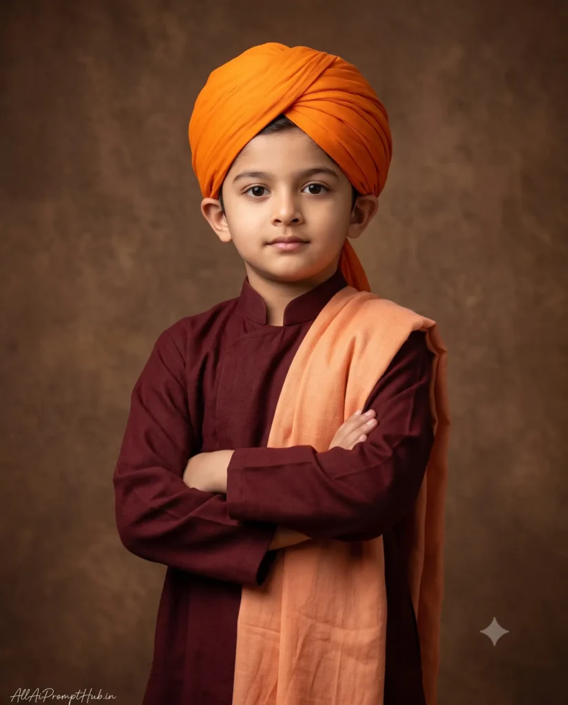 Indian child dressed as Swami Vivekananda in a patriotic AI-generated portrait