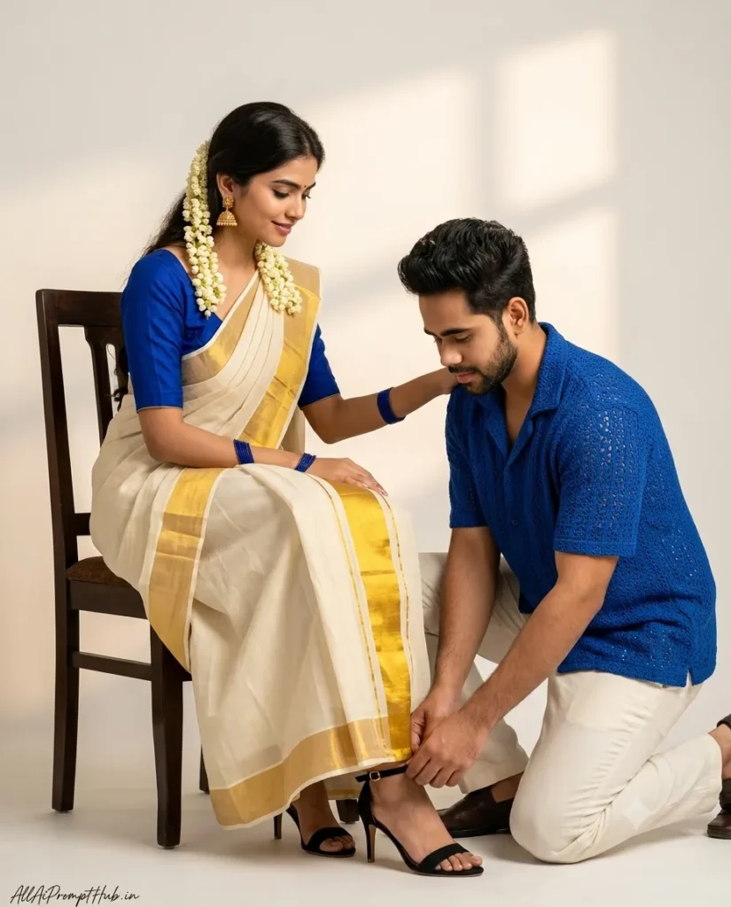 Traditional South Indian couple in a Kerala Kasavu saree and blue crochet shirt, AI-generated portrait