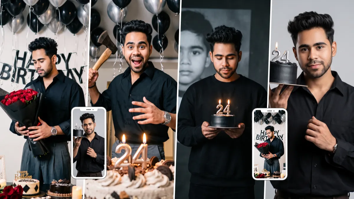 Young man in a black shirt posing with a black birthday cake and number 24 candles
