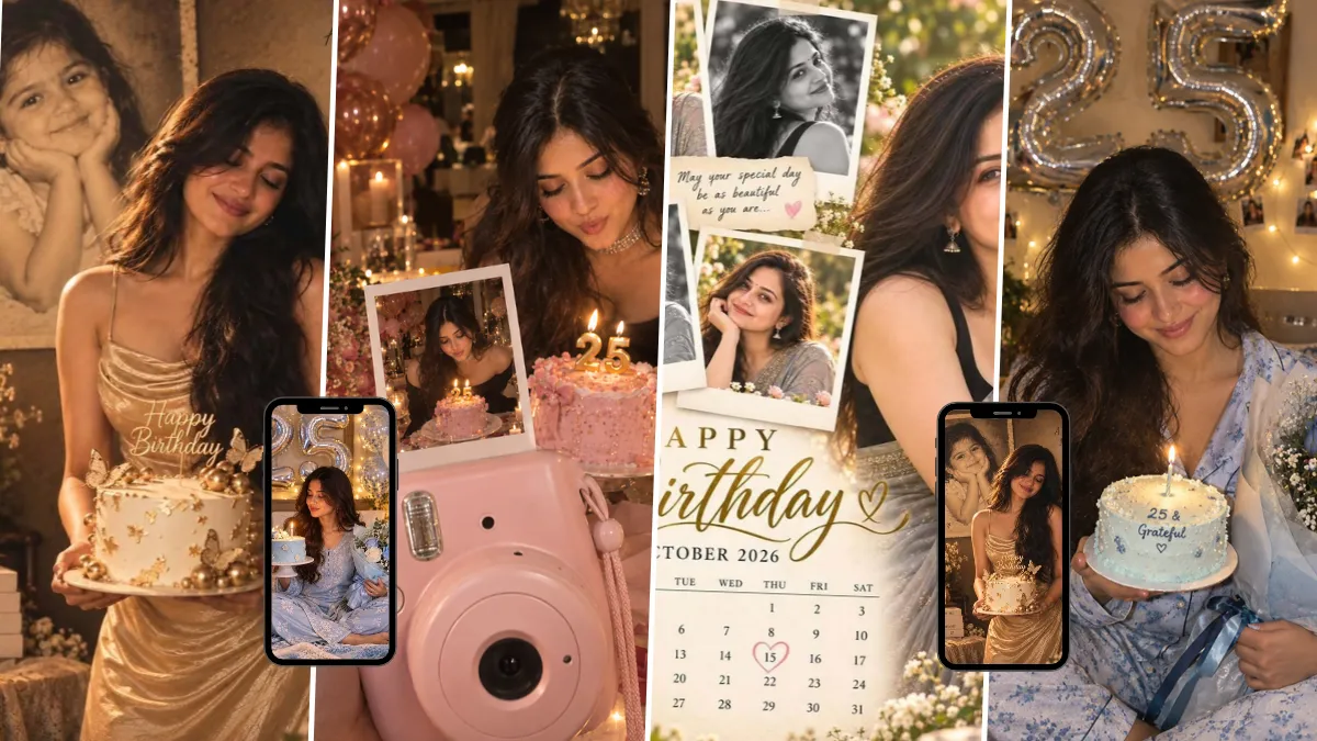 Young woman celebrating her 25th birthday with cake, Polaroid memories and nostalgic childhood photos