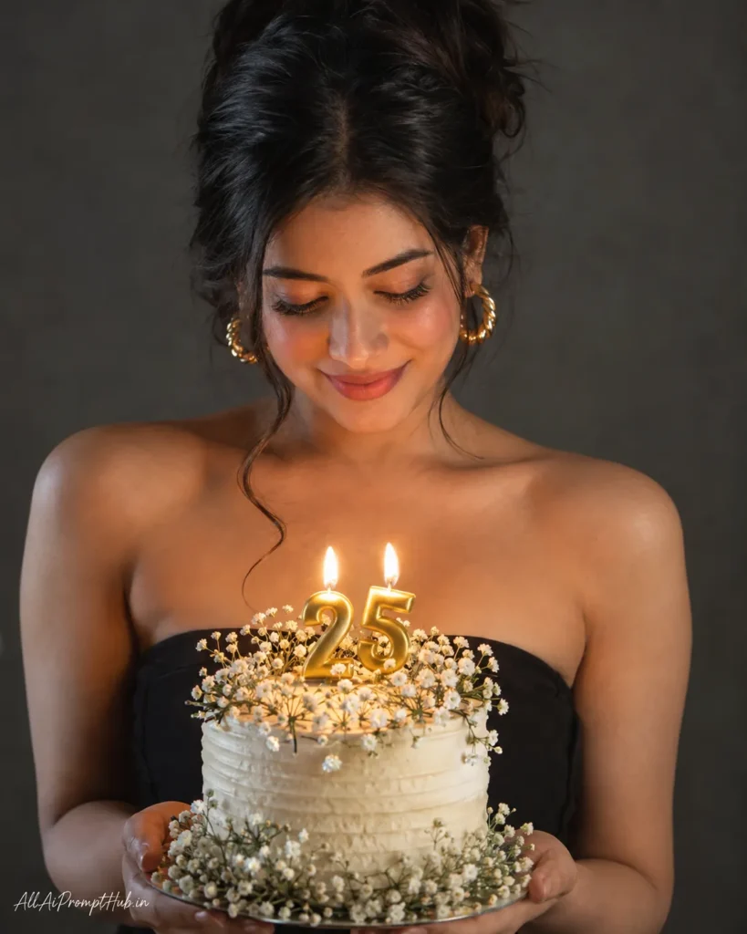 Young woman with a 25th birthday cake in an AI-generated portrait