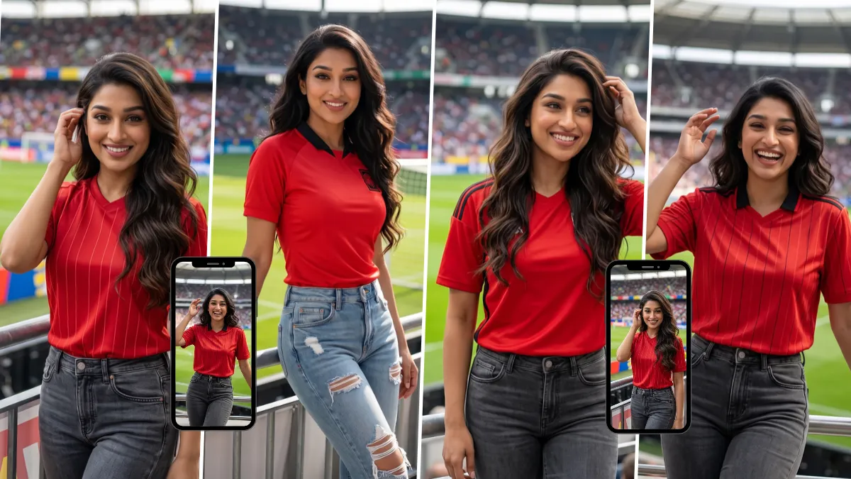 Female football fan in a red jersey in an AI-generated match-day portrait