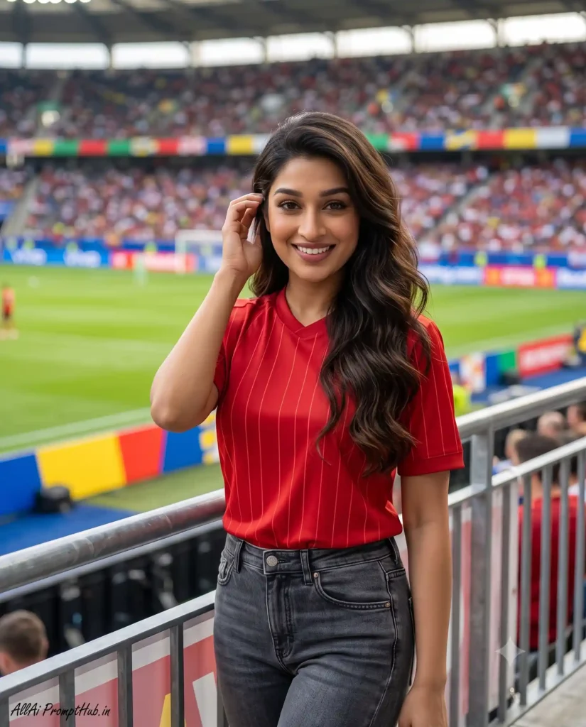 Girl in a football stadium wearing team colours, AI-edited portrait
