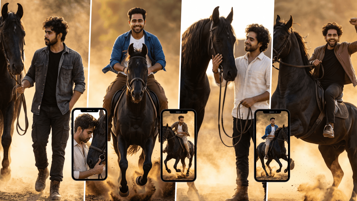 Stylish young man posing and riding a black horse in cinematic golden-hour outdoor scenery
