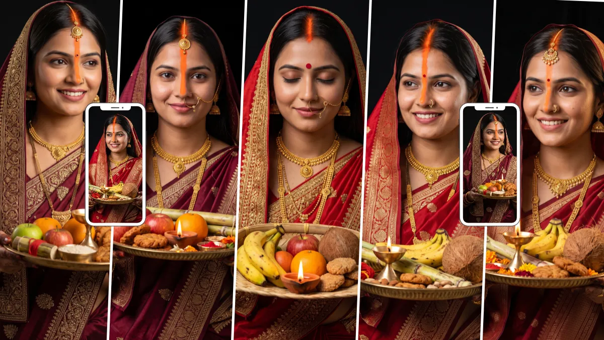 Indian woman in a red traditional saree holding a decorated Karwa Chauth puja thali