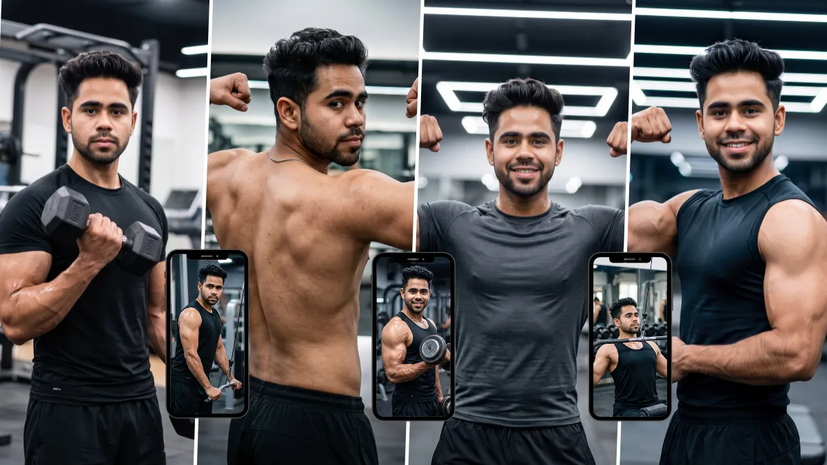 Muscular man working out and flexing in a modern gym in AI-generated fitness portraits