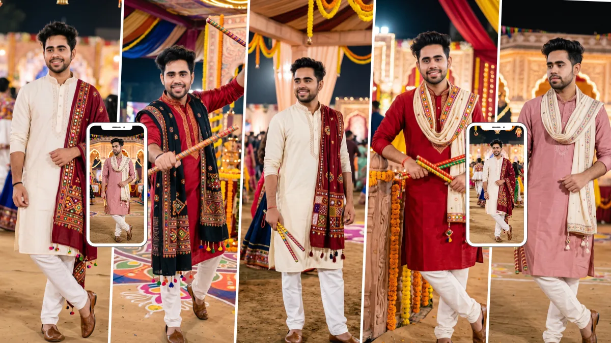 Young men wearing traditional kurtas and embroidered dupattas at a Navratri Dandiya celebration