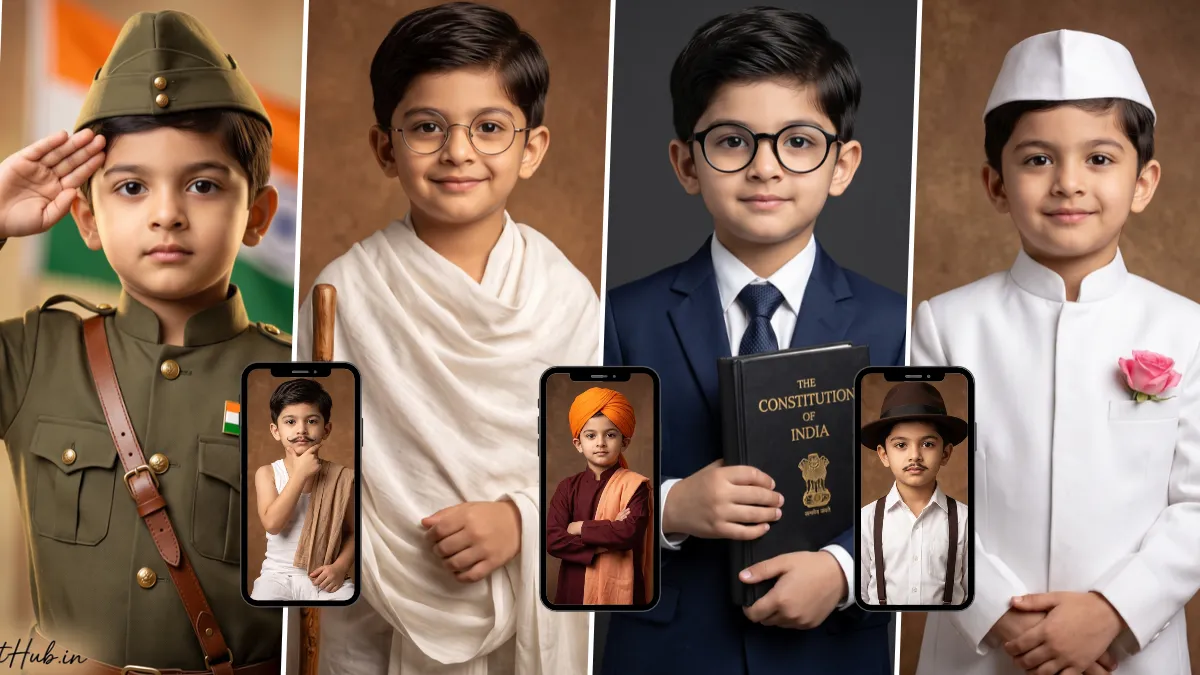 Indian boy in patriotic traditional and freedom fighter-inspired outfits with the Constitution of India